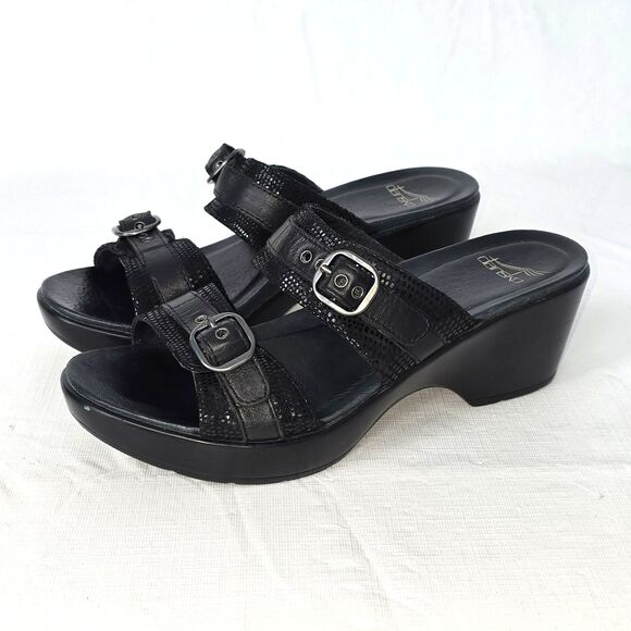 Dansko Womens EU 38 US 7.5 Jessie Black Leather Lizard Adjustable Wedge Sandals - Picture 1 of 12